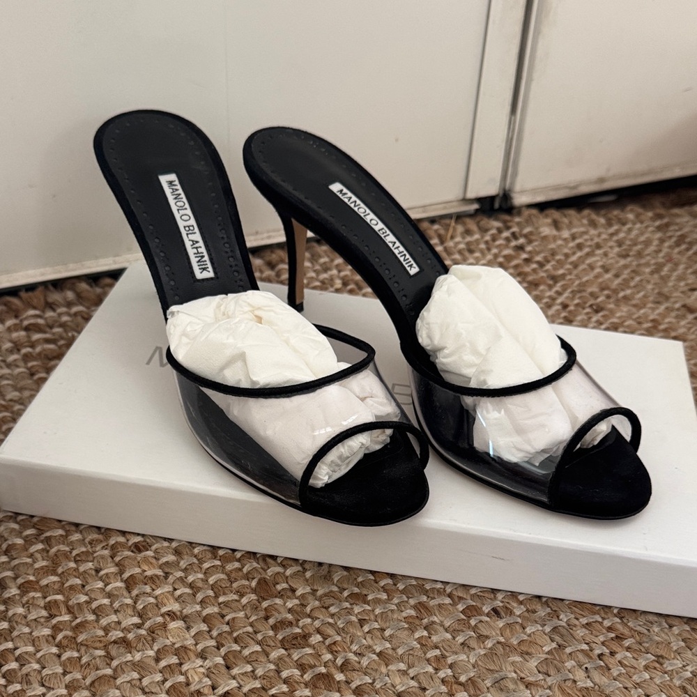 Manolo Blahnik pvc and suede mules